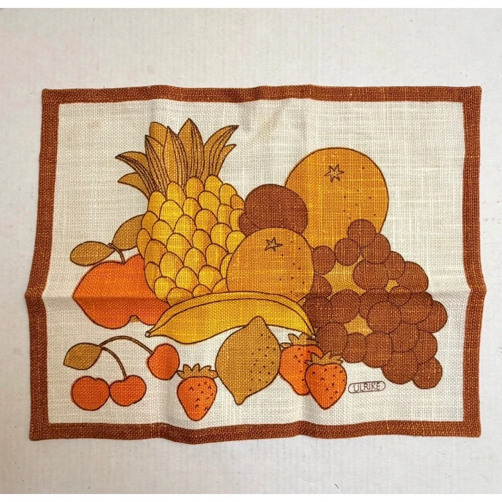 Vintage Ulrike Linen Tea Towel Fruit Harvest Graphic Orange Brown 70s Retro